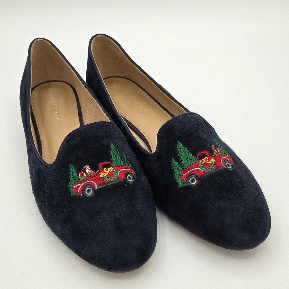 Talbots Ryan Loafer Christmas Holiday Truck Trees Dog Slip Ons Size 8 Blue